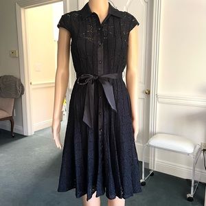 Calvin Klein Black Short-Sleeve Lace Button-Up Dress with Ribbon Belt